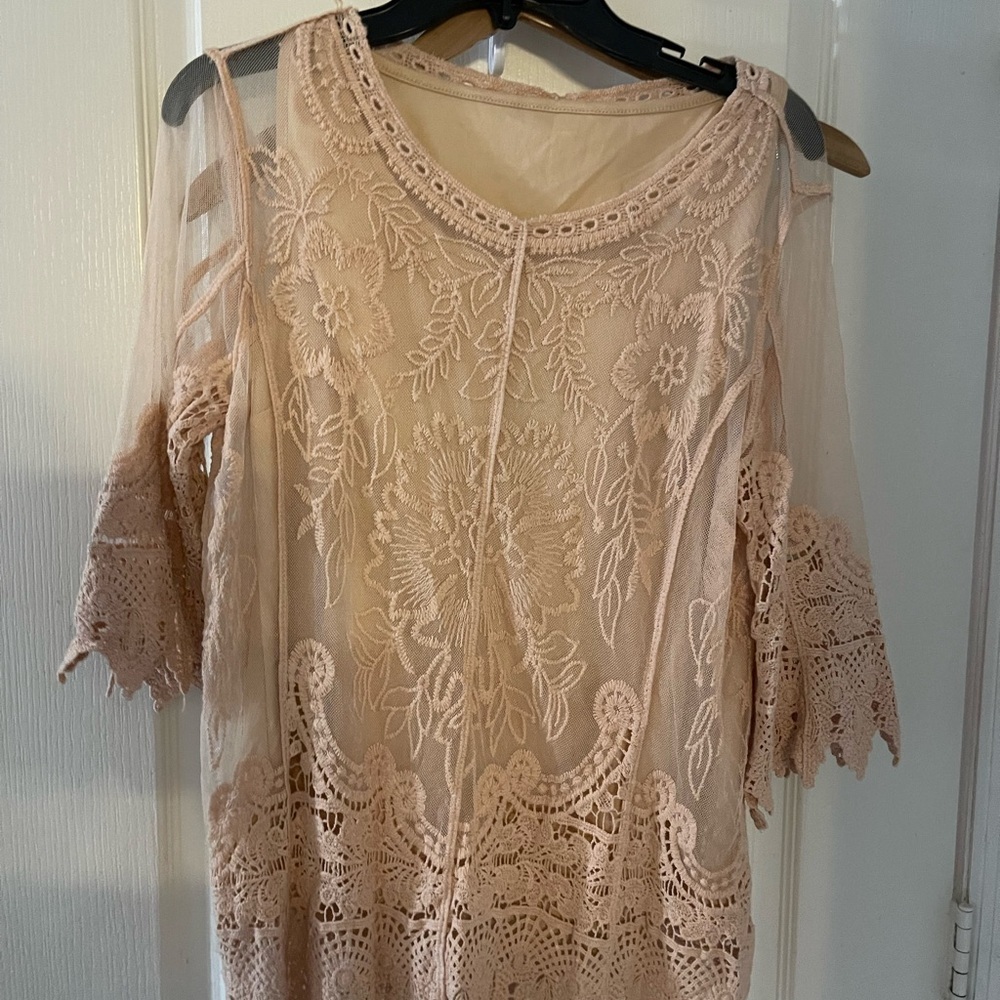 Ultra Pink Sheer Lace Top in Soft Peach